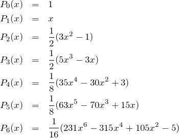 \begin{eqnarray*} P_0(x)&=&1\\ P_1(x)&=&x\\ P_2(x)&=&\frac{1}{2}(3x^2-1)\\ P_3(x)&=&\frac{1}{2}(5x^3-3x)\\ P_4(x)&=&\frac{1}{8}(35x^4-30x^2+3)\\ P_5(x)&=&\frac{1}{8}(63x^5-70x^3+15x)\\ P_6(x)&=&\frac{1}{16}(231x^6-315x^4+105x^2-5)\\ \end{eqnarray*}