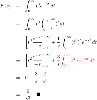 \begin{eqnarray*} F(s)&=&\int_0^{\infty} t^3 e^{-st} \, dt\\\\ &=& \int_0^{\infty} t^3 \left(\frac{e^{-st}}{-s}\rigth)' \, dt\\\\ &=& \left[ t^3\frac{e^{-st}}{-s}\right]_0^{\infty} +\frac{1}{s}\int_0^\infty (t^3)'\,e^{-st}\, dt\\\\ &=& \left[ t^2\frac{e^{-st}}{-s}\right]_0^{\infty} +\frac{3}{s}\textcolor{red}{\int_0^\infty t^2\cdot e^{-st}\, dt}\\\\ &=& 0+\frac{3}{s}\cdot\textcolor{red}{\frac{2}{s^3}}\\\\ &=&\frac{6}{s^3}\quad\blacksquare \end{eqnarray*}