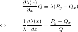\begin{eqnarray*} &&\frac{\partial \lambda (x)}{\partial x}Q=\lambda(P_y -Q_x)\\\\ \Leftrightarrow \quad&& \frac{1}{\lambda}\frac{d\lambda (x)}{dx}=\frac{P_y-Q_x}{Q} \end{eqnarray*}