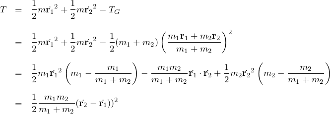 \begin{eqnarray*} T&=&\frac{1}{2}m \dot{\ro}^2 +\frac{1}{2}m\dot{\rt}^2 -T_G\\\\ &=& \frac{1}{2}m \dot{\ro}^2 +\frac{1}{2}m\dot{\rt}^2 -\frac{1}{2}(m_1+m_2)\left(\frac{m_1\ro + m_2\rt}{m_1+m_2}\right)^2\\\\ &=& \frac{1}{2}m_1 {\dot{\ro}}^2 \left(m_1 -\frac{m_1}{m_1+m_2}\right) -\frac{m_1 m_2}{m_1+m_2}\dot{\ro}\cdot\dot{\rt} +\frac{1}{2}m_2{\dot{\rt}}^2\left(m_2-\frac{m_2}{m_1+m_2}\right)\\\\ &=& \frac{1}{2}\frac{m_1 m_2}{m_1 + m_2}(\dot{\rt}-\dot{\ro}))^2 \end{eqnarray*}