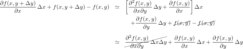 \begin{eqnarray*} \frac{\partial f(x,y+\Delta y)}{\partial x}\,\Delta x+f(x,y+\Delta y)-f(x,y) &\simeq& \left[\frac{\partial^2 f(x,y)}{\partial x\partial y}\, \Delta y + \frac{\partial f(x,y)}{\partial x}\right]\Delta x\\ &&\quad +\frac{\partial f(x,y)}{\partial y}\,\Delta y +\cancel{f(x,y)}-\cancel{f(x,y)}\\\\ &\simeq& \cancel{\frac{\partial^2 f(x,y)}{\partial x\partial y}\,\Delta x\Delta y} +\frac{\partial f(x,y)}{\partial x}\,\Delta x +\frac{\partial f(x,y)}{\partial y}\,\Delta y \end{eqnarray*}
