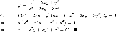 \begin{eqnarray*} &&y'=\frac{3x^2-2xy+y^2}{x^2-2xy-3y^2}\\ \Leftrightarrow \quad&& (3x^2-2xy+y^2)\,dx + (-x^2+2xy+3y^2)\,dy=0\\ \Leftrightarrow \quad&&d\left(x^3 - x^2 y + xy^2 + y^3\right)=0\\ \Leftrightarrow \quad&&x^3 -x^2y + xy^2 + y^3=C\quad\blacksquare \end{eqnarray*}
