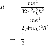\begin{eqnarray*} R&=&\frac{me^4}{32\pi^2\varepsilon_0^2 \hbar^2}\\ &=&\frac{me^4}{2(4\pi\varepsilon_0)^2 \hbar^2}\\ &\to&\frac{1}{2} \end{eqnarray*}