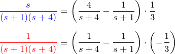\begin{eqnarray*} &&\textcolor{blue}{\frac{s}{(s+1)(s+4)}} =\left(\frac{4}{s+4}-\frac{1}{s+1}\right)\cdot\frac{1}{3}\\\\ &&\textcolor{red}{\frac{1}{(s+1)(s+4)}} =\left(\frac{1}{s+4}-\frac{1}{s+1}\right)\cdot\left(-\frac{1}{3}\right) \end{eqnarray*}