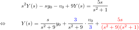 \begin{eqnarray*} &&s^2 Y(s) -sy_0 - v_0 + 9Y(s) = \frac{5s}{s^2+1}\\\\  \Leftrightarrow\quad&&  Y(s)=\frac{s}{s^2+9}y_0+\frac{\textcolor{blue}{3}}{s^2+9}\cdot\frac{v_0}{\textcolor{blue}{3}}+  \textcolor{red}{\frac{5s}{(s^2+9)(s^2+1)}}  \end{eqnarray*}