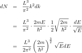 \begin{eqnarray*} dN &=& \frac{L^3}{\pi^2}k^2dk\\\\ &=&\frac{L^3}{\pi^2}\cdot\frac{2mE}{\hbar^2}\cdot \frac{1}{2} \sqrt{\frac{2m}{\hbar^2}}\cdot\frac{dE}{\sqrt{E}}\\\\ &=&\frac{L^3}{2\pi^2}\left(\frac{2m}{\hbar^2}\right)^{\frac{3}{2}}\,\sqrt{E}dE \end{eqnarray*}