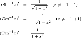 \begin{eqnarray*}({\rm Sin}^{-1}x)' &=& \frac{1}{\sqrt{1-x^2}}\quad(x\neq -1,+1) \\ \\({\rm Cos}^{-1}x)' &=& -\frac{1}{\sqrt{1-x^2}}\quad(x\neq -1,+1) \\ \\({\rm Tan}^{-1}x)' &=& \frac{1}{1+x^2}\end{eqnarray*}