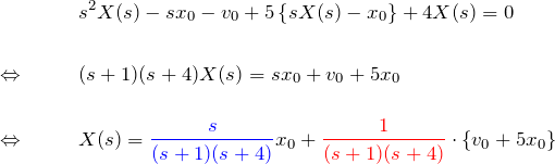 \begin{eqnarray*} &&s^2X(s)-sx_0-v_0+5\left\{sX(s)-x_0\right\}+4X(s)=0\\\\ \Leftrightarrow\quad&& (s+1)(s+4)X(s)=sx_0+v_0+5x_0\\\\ \Leftrightarrow\quad&& X(s)=\textcolor{blue}{\frac{s}{(s+1)(s+4)}}x_0 +\textcolor{red}{\frac{1}{(s+1)(s+4)}}\cdot\left\{v_0+5x_0\right\} \end{eqnarray*}