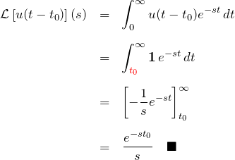 \begin{eqnarray*} {\mathcal L}\left[u(t-t_0)\right](s)  &=&\int_0^{\infty} u(t-t_0)e^{-st}\, dt\\\\  &=&\int_{\textcolor{red}{t_0}}^{\infty} {\bf 1}\,e^{-st}\, dt\\\\  &=&\left[-\frac{1}{s}e^{-st}\right]_{t_0}^{\infty}\\\\  &=&\frac{e^{-st_0}}{s}\quad\blacksquare  \end{eqnarray*}