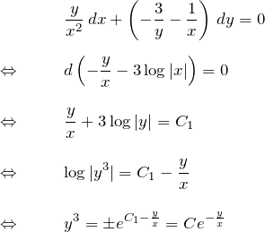 \begin{eqnarray*} &&\frac{y}{x^2}\, dx+\left(-\frac{3}{y}-\frac{1}{x}\right) \, dy = 0\\\\ \Leftrightarrow \quad&& d\left(-\frac{y}{x}-3\log |x| \right)=0\\\\ \Leftrightarrow \quad&& \frac{y}{x}+3\log|y| = C_1\\\\ \Leftrightarrow \quad&& \log|y^3| = C_1-\frac{y}{x}\\\\ \Leftrightarrow \quad&& y^3 = \pm e^{C_1-\frac{y}{x}}=Ce^{-\frac{y}{x}} \end{eqnarray*}