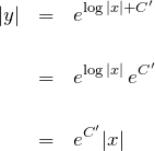 \begin{eqnarray*} |y|&=&e^{\log|x|+C'}\\\\ &=&e^{\log|x|}\,e^{C'}\\\\ &=&e^{C'}|x| \end{eqnarray*}