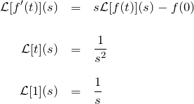 \begin{eqnarray*} {\mathcal L}[f'(t)](s)&=&s{\mathcal L}[f(t)](s)-f(0)\\\\ {\mathcal L}[t](s)&=&\frac{1}{s^2}\\\\ {\mathcal L}[1](s)&=&\frac{1}{s} \end{eqnarray*}