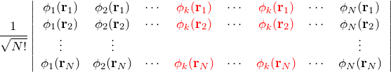 \begin{eqnarray*} \frac{1}{\sqrt{N!}} \left|\begin{array}{ccccccccc} \phi_1 (\ro) &\phi_2(\ro)&\cdots& \textcolor{red}{\phi_k (\ro)} & \cdots & \textcolor{red}{\phi_k(\ro)} & \cdots & \phi_{N}(\ro) \\ \phi_1 (\rt) &\phi_2(\rt) &\cdots& \textcolor{red}{\phi_k (\rt)} & \cdots & \textcolor{red}{\phi_k(\rt)} & \cdots &\phi_{N}(\rt) \\ \vdots &\vdots & & & & & &\vdots\\ \phi_1 ({\bf r}_N) &\phi_2({\bf r}_N) &\cdots& \textcolor{red}{\phi_k ({\bf r}_N)} & \cdots & \textcolor{red}{\phi_k({\bf r}_N)} & \cdots &\phi_{N}({\bf r}_N) \end{array} \right| \end{eqnarray*}