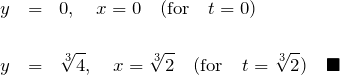 \begin{eqnarray*} y&=&0,\quad x=0\quad({\rm for}\quad t=0)\\\\ y&=&\sqrt[3]{4},\quad x=\sqrt[3]{2}\quad({\rm for}\quad t=\sqrt[3]{2})\quad\blacksquare \end{eqnarray*}