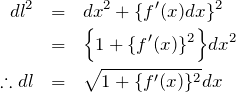 \begin{eqnarray*}{dl}^2 &=& {dx}^2 + \{f'(x)dx\}^2 \\&=& \Bigl\{ 1 + \{f'(x)\}^2 \Bigr\} dx^2\\\therefore dl &=& \sqrt{ 1 + \{f'(x)\}^2 } dx\end{eqnarray*}