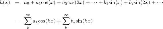 \begin{eqnarray*}h(x)&=&a_0 + a_1 {\rm cos}(x)+a_2{\rm cos}(2x)+\cdots +b_1 {\rm sin}(x) + b_2{\rm sin}(2x) + \cdots\\ \\&=&\sum_{k}^{\infty} a_k {\rm cos}(kx) +\sum_{k}^{\infty} b_k {\rm sin}(kx)\end{eqnarray*}
