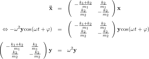 \begin{eqnarray*}{\bf \ddot{x}}&=&\left(\begin{array}{cc}-\frac{k_1+k_2}{m_1}& \frac{k_2}{m_1}\\\frac{k_2}{m_2} & -\frac{k_2}{m_2}\end{array}\right){\bf x}\\ \\\Leftrightarrow-\omega^2{\bf y}{\rm cos}(\omega t + \varphi)&=&\left(\begin{array}{cc}-\frac{k_1+k_2}{m_1}& \frac{k_2}{m_1}\\\frac{k_2}{m_2} & -\frac{k_2}{m_2}\end{array}\right){\bf y}{\rm cos}(\omega t + \varphi)\\ \\\left(\begin{array}{cc}-\frac{k_1+k_2}{m_1}& \frac{k_2}{m_1}\\\frac{k_2}{m_2} & -\frac{k_2}{m_2}\end{array}\right){\bf y}&=&\omega^2 {\bf y}\end{eqnarray*}
