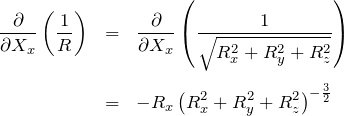 \begin{eqnarray*} \frac{\partial}{\partial X_x}\left(\frac{1}{R}\right) &=&\frac{\partial}{\partial X_x}\left(\frac{1}{\sqrt{R_x^2+R_y^2+R_z^2}}\right)\\ \\ &=& -R_x\left(R_x^2+R_y^2+R_z^2\right)^{-\frac{3}{2}} \end{eqnarray*}