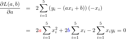 \begin{eqnarray*} \frac{\partial L(a,b)}{\partial a} &=&2\sum_{i=1}^{5}\left(y_i-(ax_i+b)\right)(-x_i)\\\\ &=&2\textcolor{red}{a}\sum_{i=1}^{5}x_i^2 + 2\textcolor{blue}{b}\sum_{i=1}^{5}x_i-2\sum_{i=1}^{5}x_i y_i = 0 \end{eqnarray*}