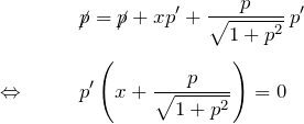 \begin{eqnarray*} &&\cancel{p}=\cancel{p}+xp'+\frac{p}{\sqrt{1+p^2}}\,p'\\\\ \Leftrightarrow \quad&& p'\left( x+\frac{p}{\sqrt{1+p^2}} \right)=0 \end{eqnarray*}