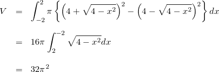 \begin{eqnarray*}V&=&\int_{-2}^{2} \pi \left\{ \left(4+ \sqrt{4-x^2} \right)^2-\left(4- \sqrt{4-x^2} \right)^2\right\} dx\\ \\&=&16\pi\int_{2}^{-2}\sqrt{4-x^2} dx\\ \\&=&32\pi^2\end{eqnarray*}