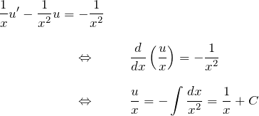 \begin{eqnarray*} \frac{1}{x}u'-\frac{1}{x^2}u=-\frac{1}{x^2}\\\\ \Leftrightarrow \quad&& \frac{d}{dx}\left(\frac{u}{x}\right)=-\frac{1}{x^2}\\\\ \Leftrightarrow \quad&& \frac{u}{x}=-\int \frac{dx}{x^2}=\frac{1}{x}+C \end{eqnarray*}