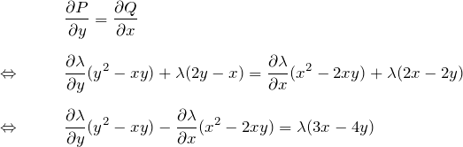 \begin{eqnarray*} &&\frac{\partial P}{\partial y}=\frac{\partial Q}{\partial x}\\\\ \Leftrightarrow \quad&& \frac{\partial \lambda }{\partial y }(y^2 -xy)+ \lambda(2y-x)= \frac{\partial \lambda }{\partial x}(x^2-2xy)+\lambda(2x-2y)\\\\ \Leftrightarrow \quad&& \frac{\partial \lambda}{\partial y}(y^2 -xy)- \frac{\partial \lambda}{\partial x}(x^2-2xy) =\lambda(3x-4y) \end{eqnarray*}