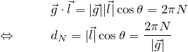 \begin{eqnarray*} &&\vec{g}\cdot\vec{l}=|\vec{g}||\vec{l}|\cos\theta = 2\pi N\\ \Leftrightarrow \quad&& d_N=|\vec{l}|\cos\theta = \frac{2\pi N}{|\vec{g}|} \end{eqnarray*}