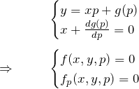 \begin{eqnarray*} &&\begin{cases} y=xp+g(p)\\ x+\frac{dg(p)}{dp}=0 \end{cases}\\\\ \Rightarrow\quad&& \begin{cases} f(x,y,p)=0\\ f_p(x,y,p)=0 \end{cases} \end{eqnarray*}
