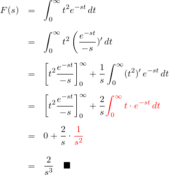 \begin{eqnarray*} F(s)&=&\int_0^{\infty} t^2 e^{-st} \, dt\\\\ &=& \int_0^{\infty} t^2 \left(\frac{e^{-st}}{-s}\rigth)' \, dt\\\\ &=& \left[ t^2\frac{e^{-st}}{-s}\right]_0^{\infty} +\frac{1}{s}\int_0^\infty (t^2)'\,e^{-st}\, dt\\\\ &=& \left[ t^2\frac{e^{-st}}{-s}\right]_0^{\infty} +\frac{2}{s}\textcolor{red}{\int_0^\infty t\cdot e^{-st}\, dt}\\\\ &=& 0+\frac{2}{s}\cdot\textcolor{red}{\frac{1}{s^2}}\\\\ &=&\frac{2}{s^3}\quad\blacksquare \end{eqnarray*}
