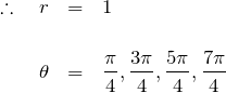 \begin{eqnarray*} \therefore  \quad r&=&1\\ \\ \theta&=& \frac{\pi}{4},\frac{3\pi}{4},\frac{5\pi}{4},\frac{7\pi}{4} \end{eqnarray*}