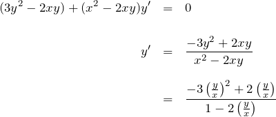 \begin{eqnarray*} (3y^2-2xy)+(x^2-2xy)y'&=&0\\\\ y'&=&\frac{-3y^2+2xy}{x^2-2xy}\\\\ &=&\frac{-3\left(\frac{y}{x}\right)^2+2\left(\frac{y}{x}\right)}{1-2\left(\frac{y}{x}\right)} \end{eqnarray*}
