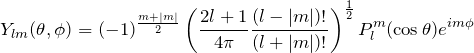 \begin{eqnarray*} Y_{lm}(\theta,\phi)=(-1)^{\frac{m+|m|}{2}}\left(\frac{2l+1}{4\pi}\frac{(l-|m|)!}{(l+|m|)!}\right)^{\frac{1}{2}} P_l^m (\cos\theta) e^{im\phi} \end{eqnarray*}