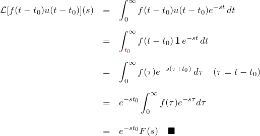 \begin{eqnarray*} {\mathcal L}[f(t-t_0)u(t-t_0)](s)  &=&\int_0^{\infty}f(t-t_0)u(t-t_0)e^{-st}\,dt\\\\  &=&\int_{\textcolor{red}{t_0}}^{\infty}f(t-t_0)\,{\bf 1}\,e^{-st}\,dt\\\\  &=&\int_{0}^{\infty}f(\tau)e^{-s(\tau+t_0)}\,d\tau\quad(\tau=t-t_0)\\\\  &=&e^{-st_0}\int_0^{\infty}f(\tau)e^{-s\tau}d\tau\\\\  &=&e^{-st_0}F(s)\quad\blacksquare  \end{eqnarray*}