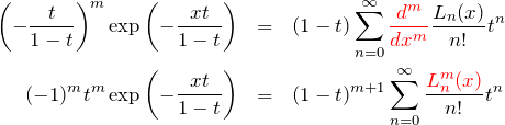 \begin{eqnarray*} \left(-\frac{t}{1-t}\right)^m \exp\left(-\frac{xt}{1-t}\right)&=&(1-t)\sum_{n=0}^\infty \textcolor{red}{\frac{d^m}{dx^m}}\frac{L_n(x)}{n!}t^n\\ (-1)^m t^m \exp\left(-\frac{xt}{1-t} \right)&=&(1-t)^{m+1}\sum_{n=0}^\infty \frac{\textcolor{red}{L_n^m(x)}}{n!}t^n \end{eqnarray*}