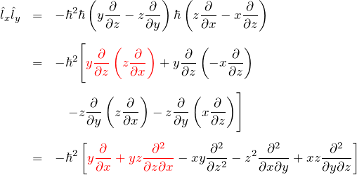 \begin{eqnarray*} \hat{l}_x\hat{l}_y &=&-\hbar^2\hbar\left(y\frac{\partial}{\partial z} -z\frac{\partial}{\partial y} \right) \hbar\left(z\frac{\partial}{\partial x} -x\frac{\partial}{\partial z} \right)\\\\ &=&-\hbar^2\Biggl[ \textcolor{red}{y\frac{\partial}{\partial z} \left(z\frac{\partial}{\partial x}\right)} + y\frac{\partial}{\partial z} \left(-x\frac{\partial}{\partial z}\right)\\\\ &&\quad - z\frac{\partial}{\partial y} \left(z\frac{\partial}{\partial x}\right) -z\frac{\partial}{\partial y} \left(x\frac{\partial}{\partial z}\right) \Biggr]\\\\ &=& -\hbar^2\left[ \textcolor{red}{y\frac{\partial}{\partial x} +yz\frac{\partial^2}{\partial z\partial x}} -xy\frac{\partial^2}{\partial z^2} -z^2\frac{\partial^2}{\partial x\partial y} +xz\frac{\partial^2}{\partial y\partial z} \right]\\\\ \end{eqnarray*}